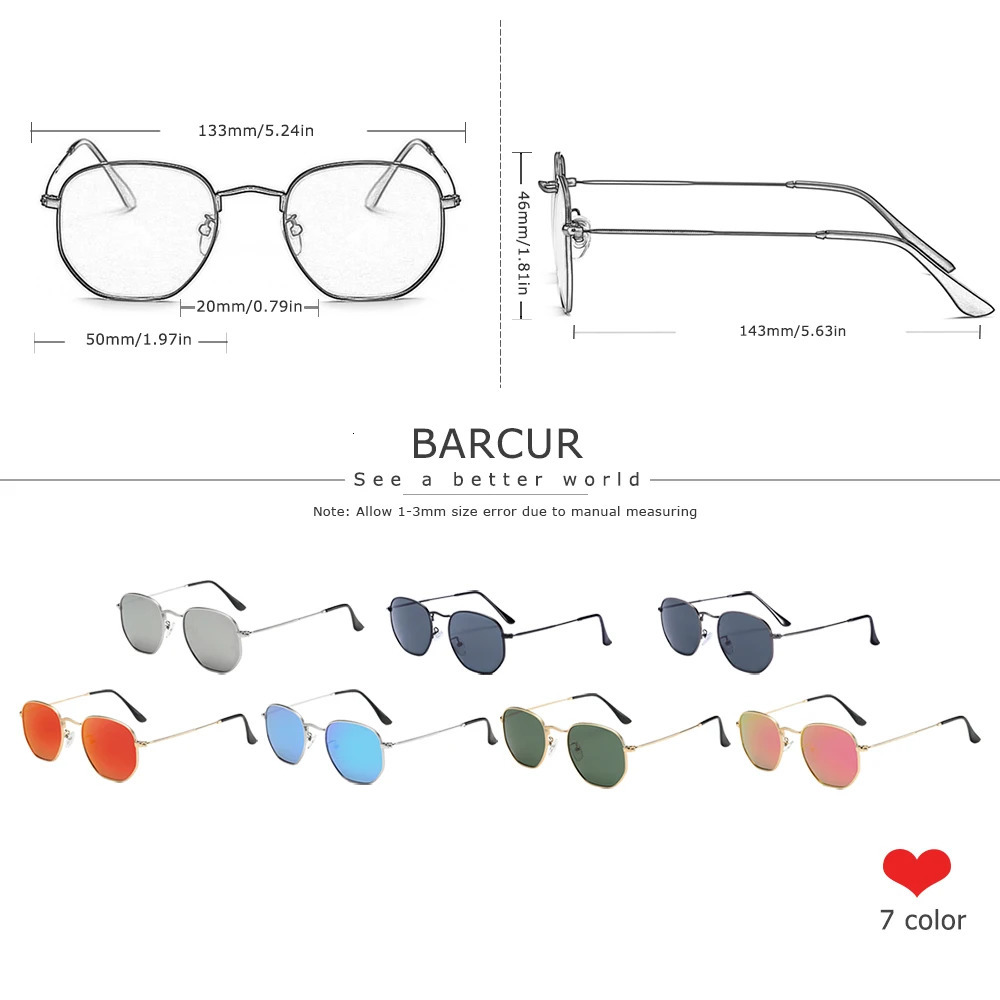BARCUR Classic Retro Reflective Sunglasses Man Hexagon Sunglasses Metal Frame Eyewear Sun Glasses With Box Oculos De Sol gafas 240410