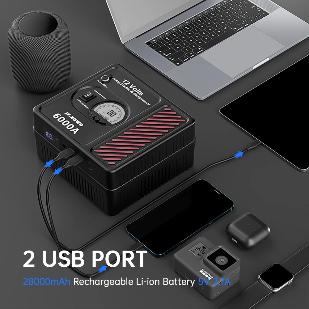 JFEGWO 3000A 6000A Professional Car Jump Starter Powerful Compressor 24000mAh 12V Car Battery Starter Booster Starting Device