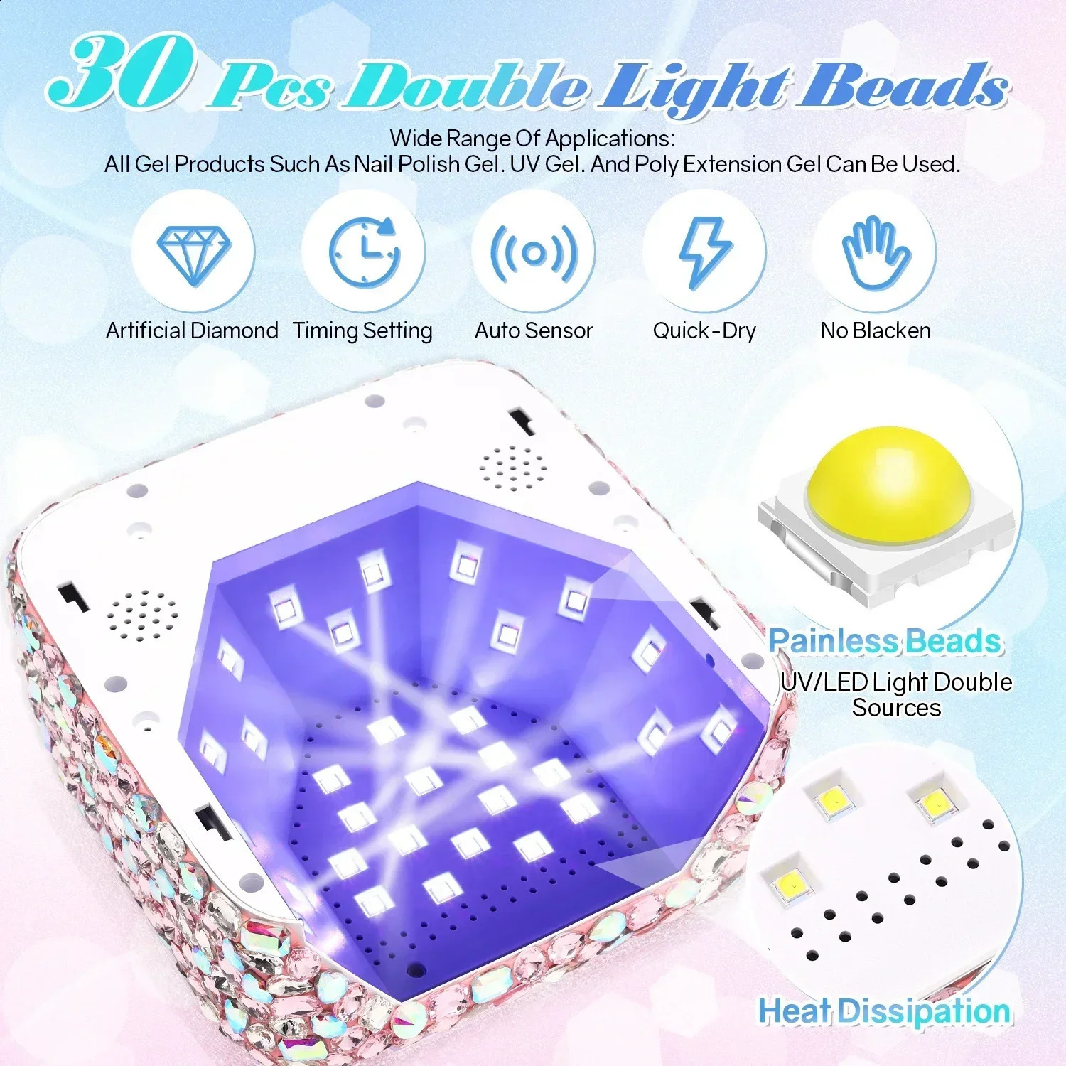 72W Cordless UV Lamp for Nails Rechargeable 30 LEDs Nail Dryer with 5 Timer Settings UV Light Cabin for Manicure Nail Tools 241119