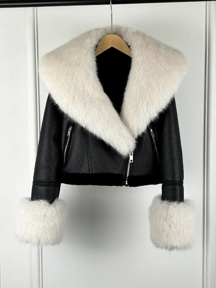 Autumn Winter Women Casual Vintage Warm Coat Large Lapel Short Pockets Lamb Wool Slim Jacket Top Faux Fur Collar 241119