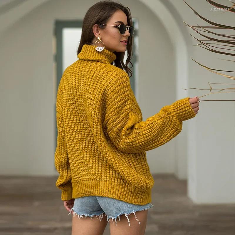 Women's Sweaters 2024 Autumn Winter Amazon Cross-border Casual Knitted Top Thick Cable Knit Polo/turtle Neck Sleeve Pullover Sweater Women