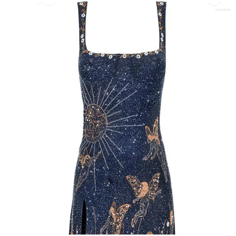 Casual Dresses Elegant Sexy Fashion Print Sequin Short Dress Spaghetti Strap Backless Sleeveless Tight Slit 2024 Summer Mini