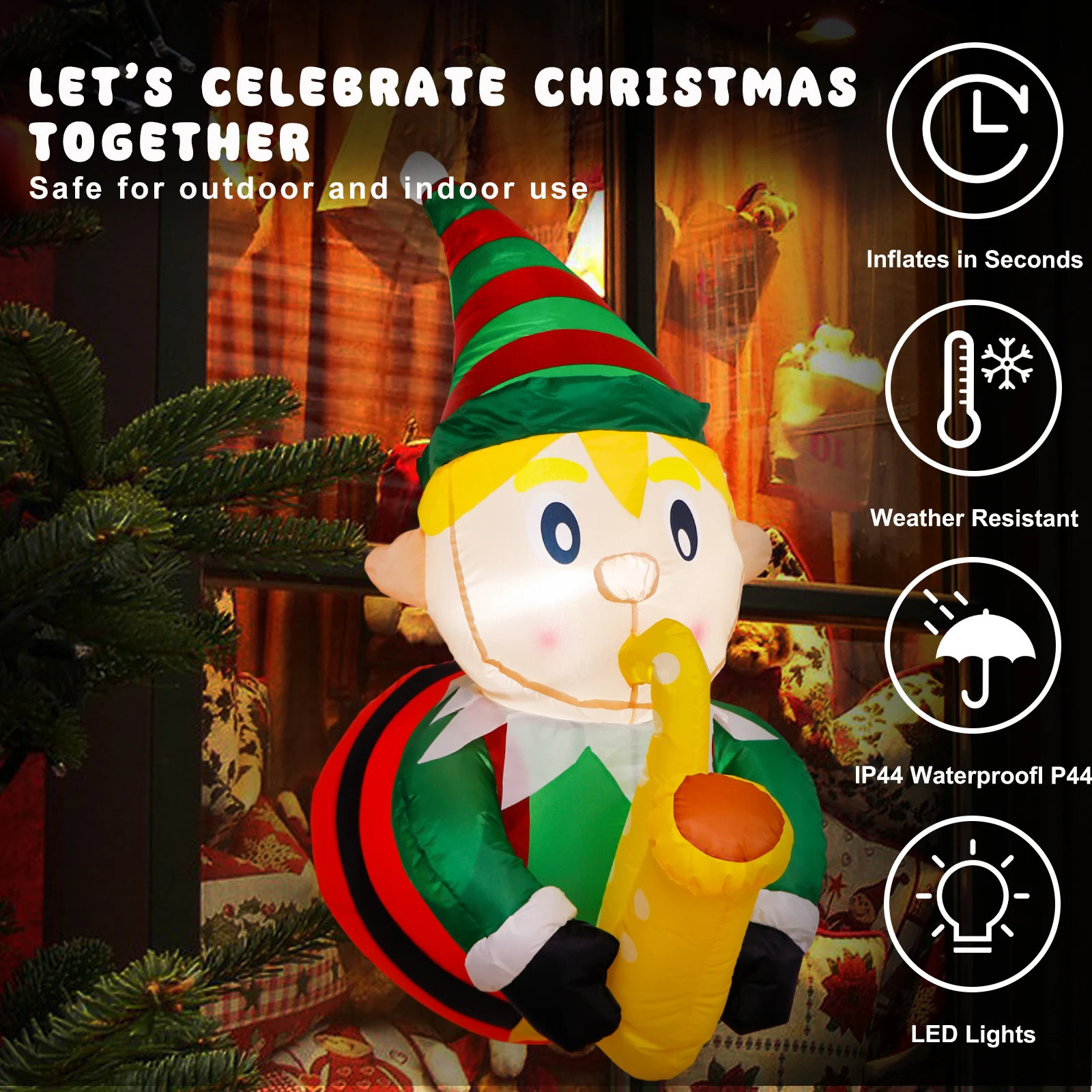 3.5-foot Christmas inflatable elf playing saxophone broken through the window with built-in LED lights for outdoor courtyard decoration 241120