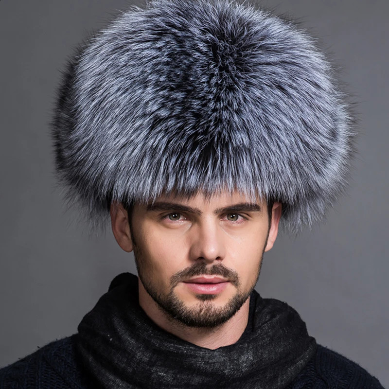 Winter Mens 100% Real Silver Fox Fur Bomber Hat Raccoon Ushanka Cap Trapper Russian Man Ski Hats Caps Leather w241119 - view 6