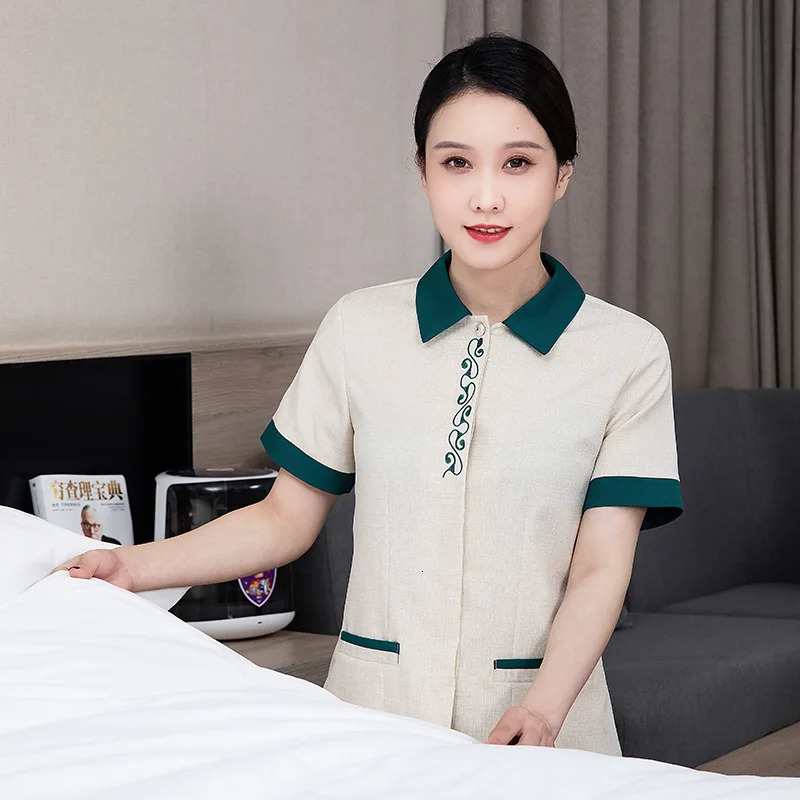 Cleaning Work Clothes Short Sleeve Summer el Cleaner Clothing Aunt Half Service Uniform Women 240418