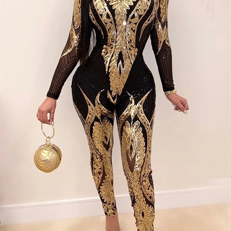 Sexy Long sleeve Sequin bodycon jumpsuit women body bodysuit one piece birthday party nightclub outfits womens jumpsuits overall 241119
