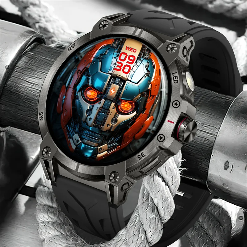 Men's Sporty Smart Watch with Built-in LED Flashlight & Compass - Fitness Tracking, Bluetooth Calls & AI Voice Assistant