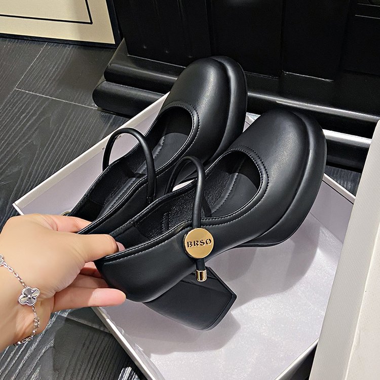 Dress Classic Mid heeled boat Designer shoe Belt buckle Thick heel high heels Tassels Round head Metal Button women shoes Large Eur36-42