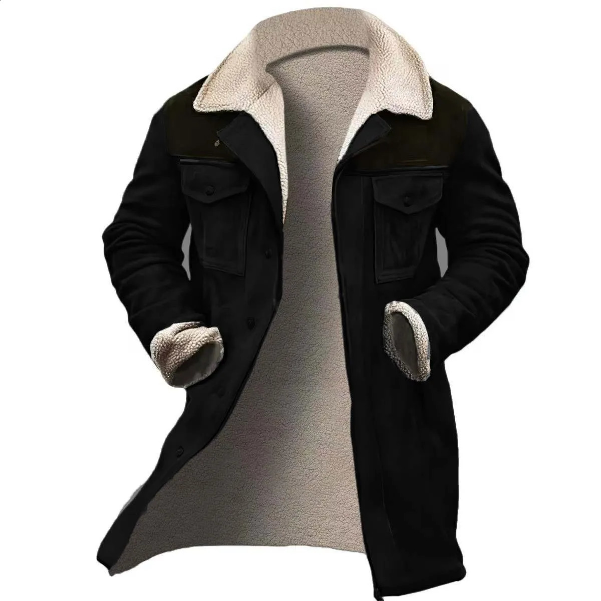 Europe and The United States Fashion Solid Color Fleecing Zipper Trench Coat Mens Autumn Winter Midlength Warm 241119