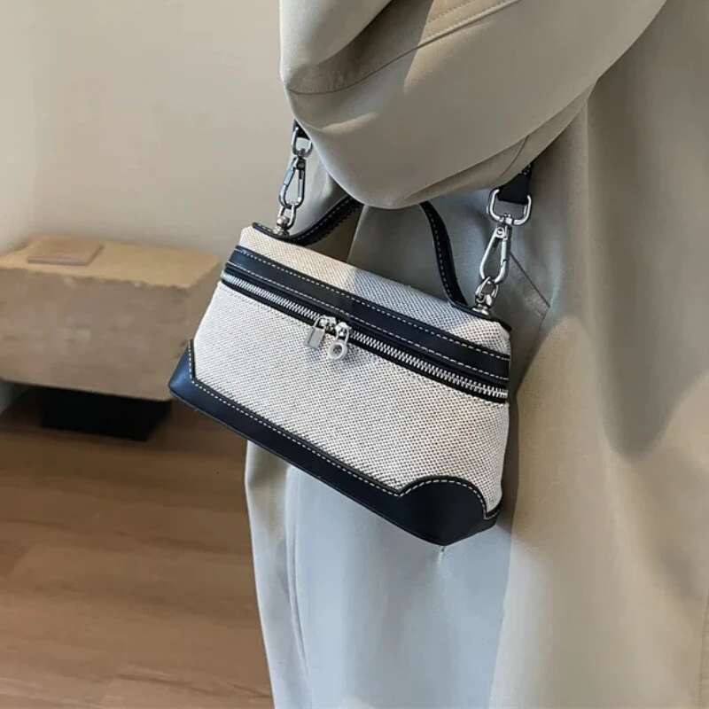 High Quality Canvas Women's Box Shoulder on Sale 2025 New Zipper Patchwork Sewing Thread Makeup Fashion Crossbody Bag