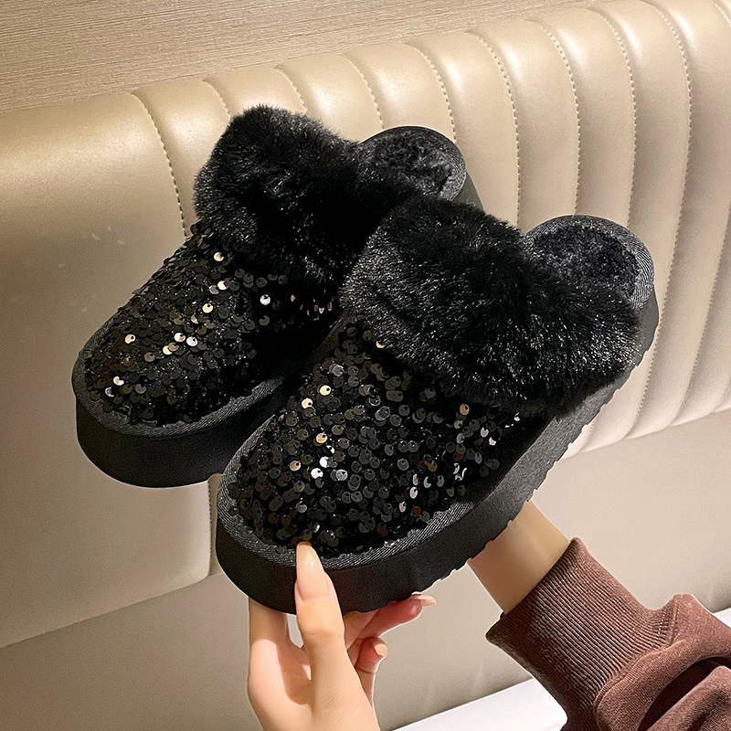 Winter New Warm 4.5CM Platform slipper Black Bling Sequined Cloth Wool Lined Women Fashion Warm shoes Luxurious shiny Cotton boots High quality home c
