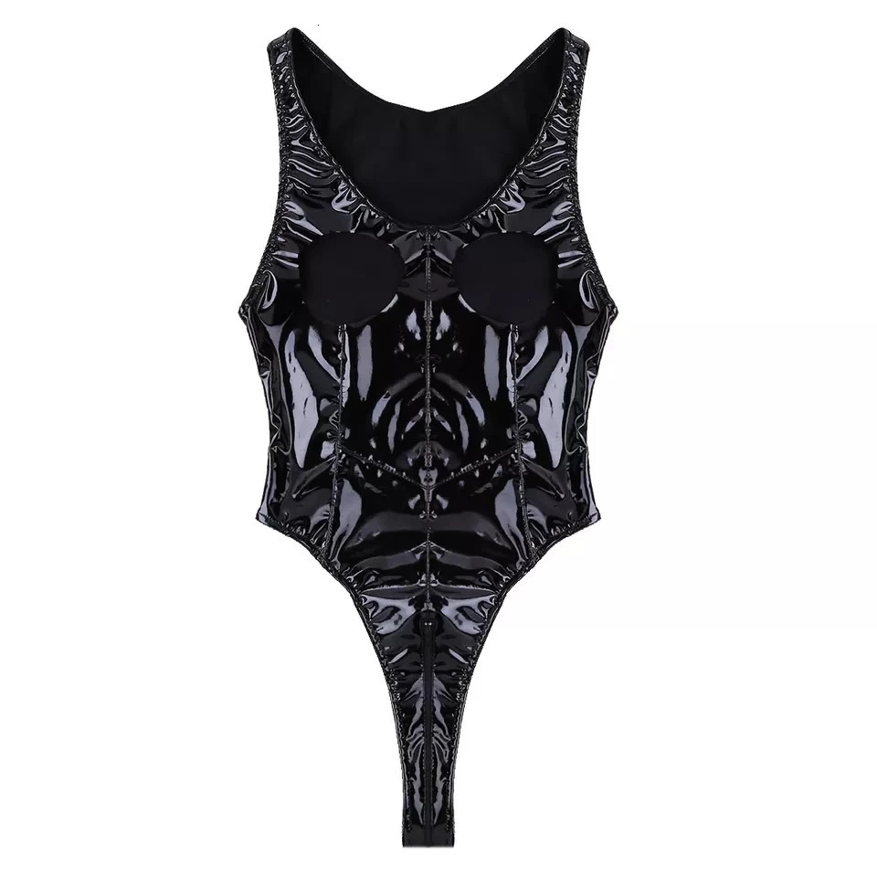 Sexy Open Crotch Glossy Leather Bodysuit For Women Erotic Porn Breast Exposing Shiny Latex Sheath Leotard Crotchless Sexi 240419