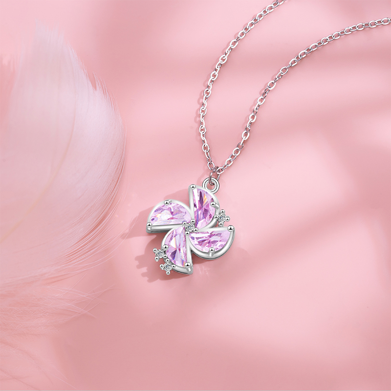 Stylish Women's Small-Batch Designed Necklace Featuring a Pink Zircon Windmill Pendant and Practical Stainless Steel Chain