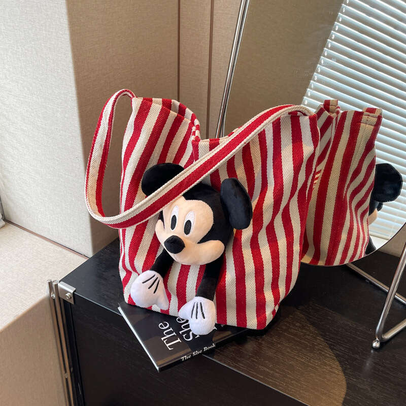 Cartoon Cute Underarm Women's Striped Canvas One Shoulder Bucket Large Capacity Classroom Commuter Tote Bag