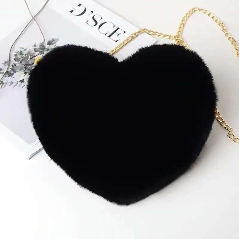 Heart Shaped Fluffy Shoulder Fashion Chain Crossbody Bag Plush Handbag Cute Zipper Purse For Valentine's Day