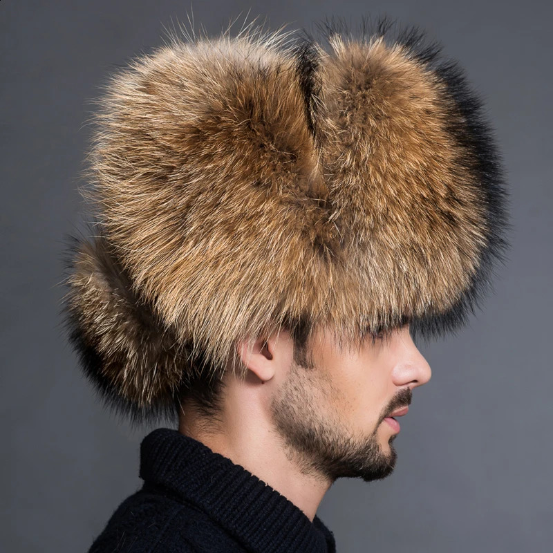 Winter Mens 100% Real Silver Fox Fur Bomber Hat Raccoon Ushanka Cap Trapper Russian Man Ski Hats Caps Leather w241119 - view 4