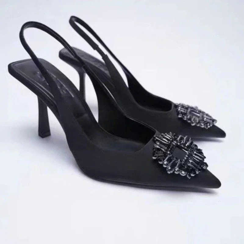 New High-heeled Sandal A Word Back Trip with Rhine Decorated Bao Sandal Pointed Single Shoe Shallow High H Wen Z250304