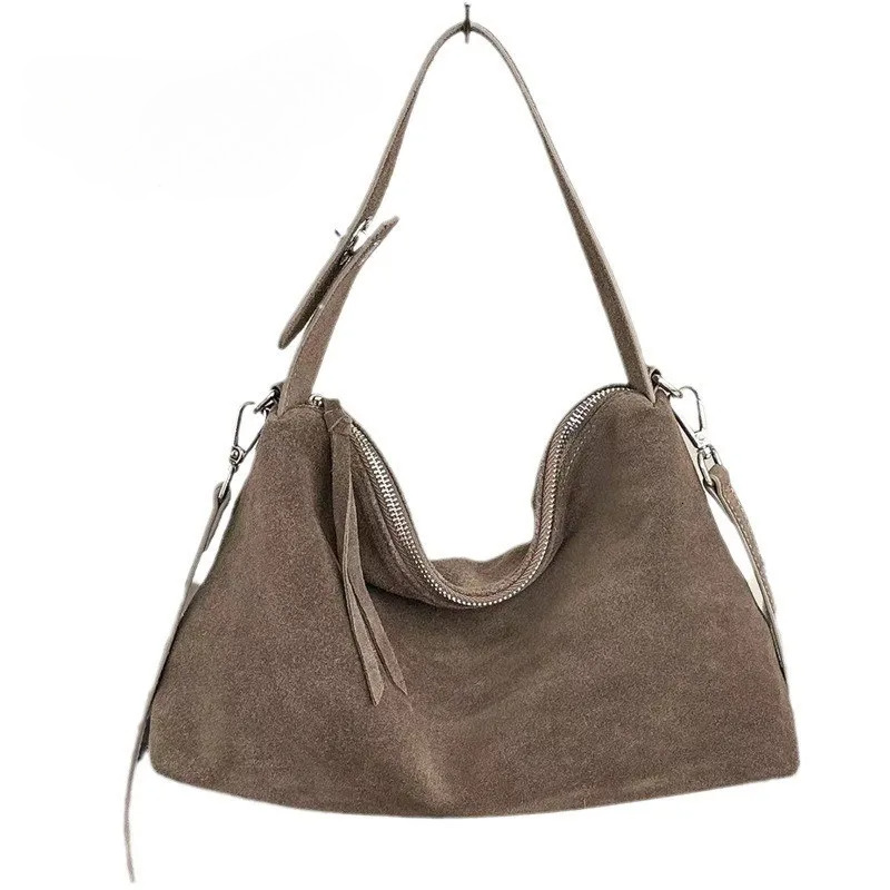Fashion Autumn Winter Big Boston Tote Soft Matte Suede Cow Leather Women's Handbag Shoulder Crossbody Bag For Women Grey Brown Genuine Leather Ba