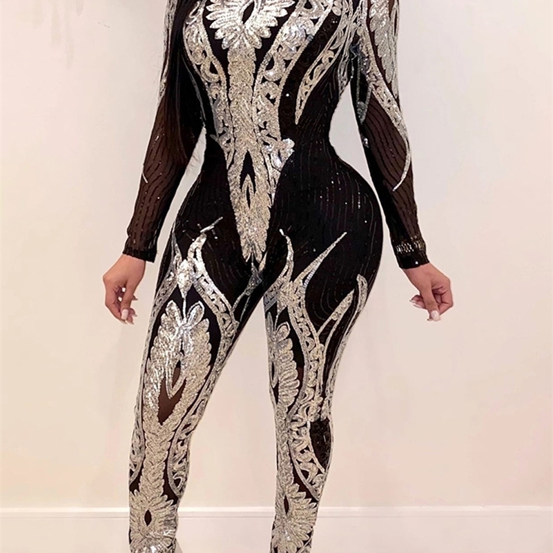 Sexy Long sleeve Sequin bodycon jumpsuit women body bodysuit one piece birthday party nightclub outfits womens jumpsuits overall 241119