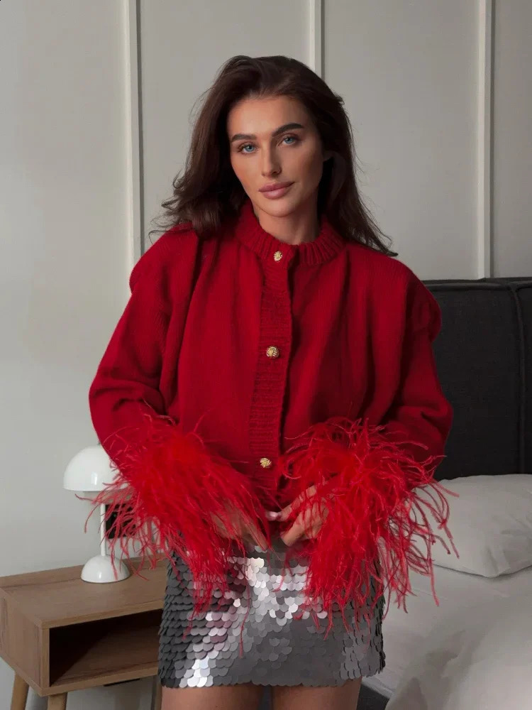 Red Fashion Spliced Feather Cuffs Knitted Cardigan Womens Casual O Neck Long Sleeve Buttons Sweater Chic Female Streetwear 241119