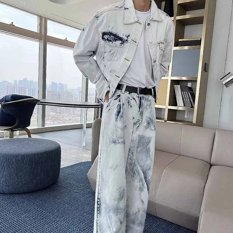 Retro Wash Tie Dye Denim Set Men High Street Casual Loose Jean Jackets Wide Leg Jeans Male Spring 2pcs Sets Hip Hop Fashion Suit 240415