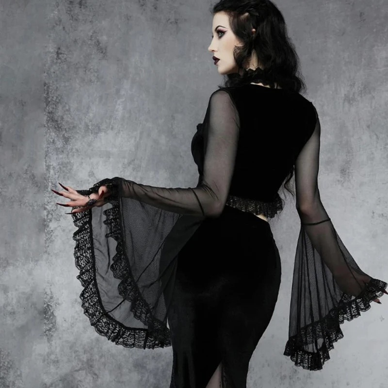 Womens Gothic Style Dark Style Mesh Patchwork Bell Sleeve Top Lace Strap Long Sleeve T-Shirt 240409