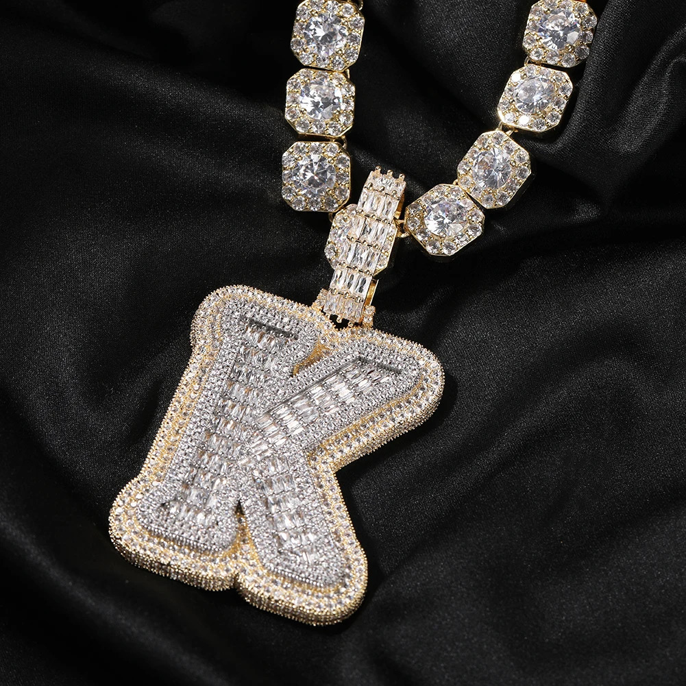 THE BLING KING Big Baguettecz Initial Letter A-Z Micro Paved Out Two Tone 5A Cubic Zirconia Charm Necklace Hiphop Jewelry 241119