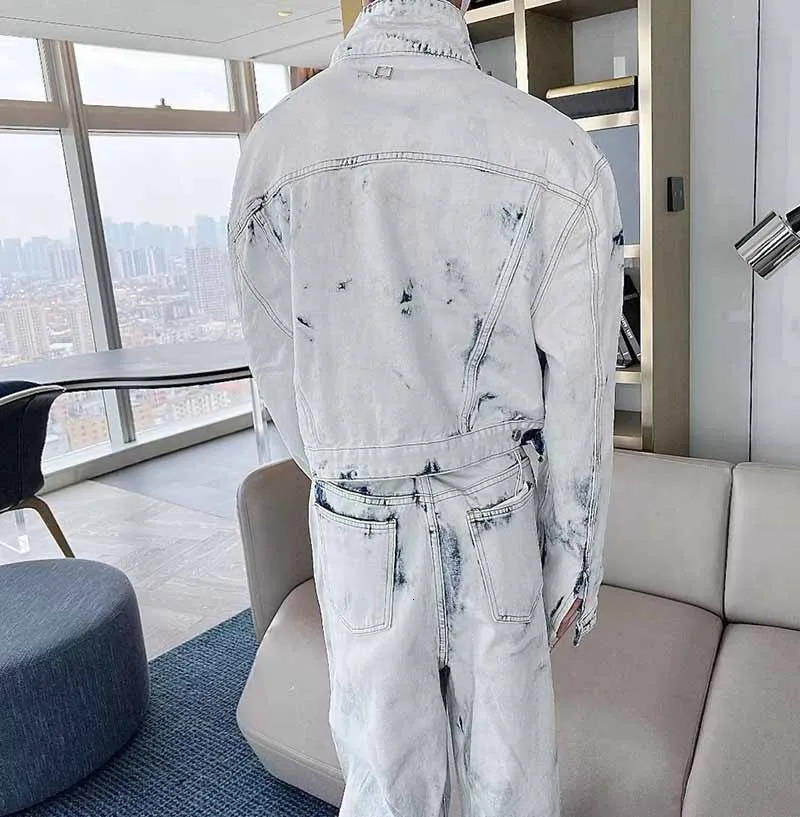 Retro Wash Tie Dye Denim Set Men High Street Casual Loose Jean Jackets Wide Leg Jeans Male Spring 2pcs Sets Hip Hop Fashion Suit 240415