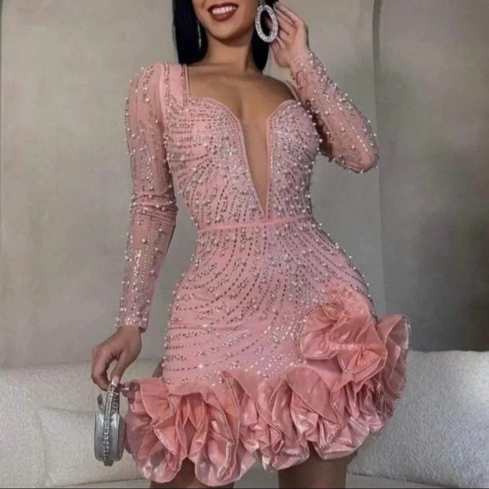 Long Sleeve V Neck Transparent Club Dress Sexy Glittering Diamonds Women Party Birthday Bodycon Mini Dresses Vestidos 241126