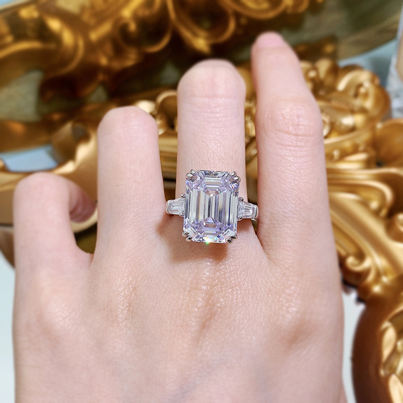 Genuine 100% S925 Sterling Silver Luxury Jewelry Wedding Rings Emerald Cut White Moissanite Diamond Gemstones Eternity Party Women Engagement Band Rin