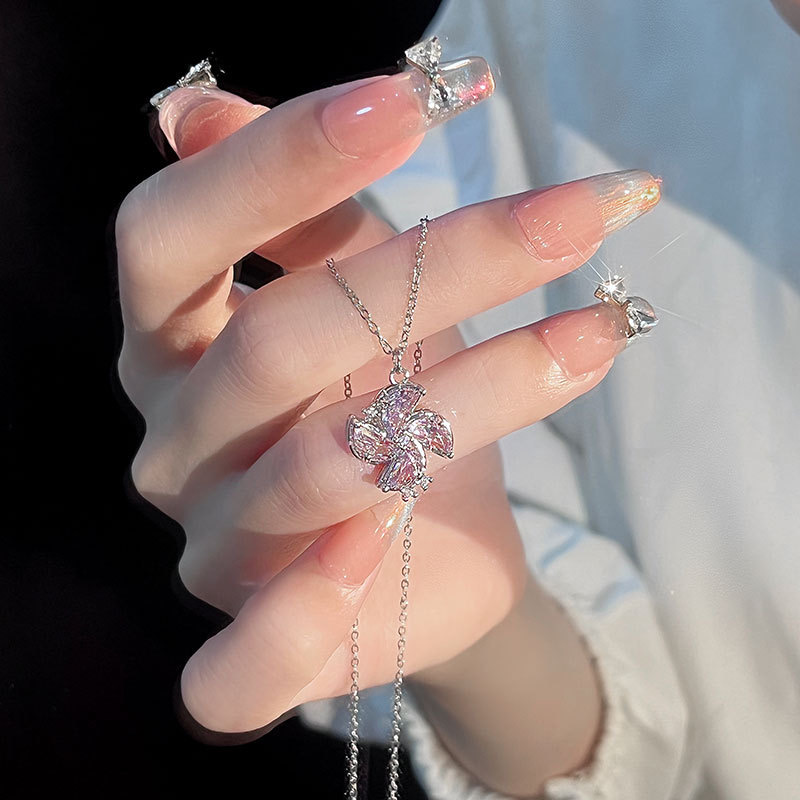 Stylish Women's Small-Batch Designed Necklace Featuring a Pink Zircon Windmill Pendant and Practical Stainless Steel Chain