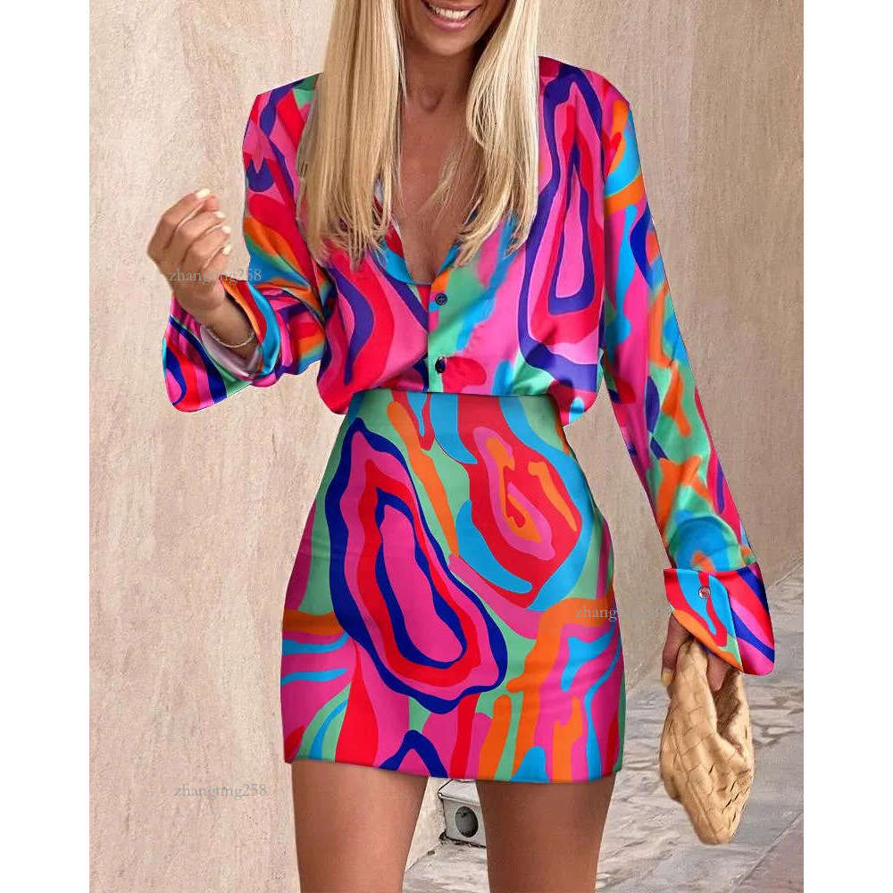 Work Dresses Fashion Women Summer Two Pice Dress Turn-down Collar Abstract Print Long Sleeve Button Down Casual Shirt & Mini Skirt SetWo