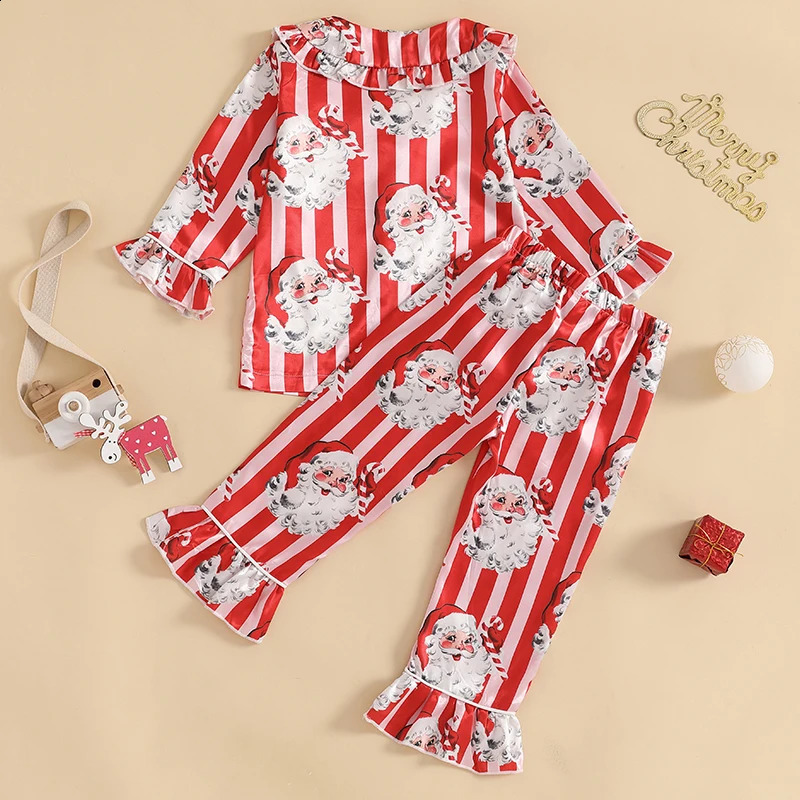 Little Girl Christmas Pajama Sets Santa Striped Doll Collar Button-up Tops Long Pant Ruffled Loungewear Set 241120