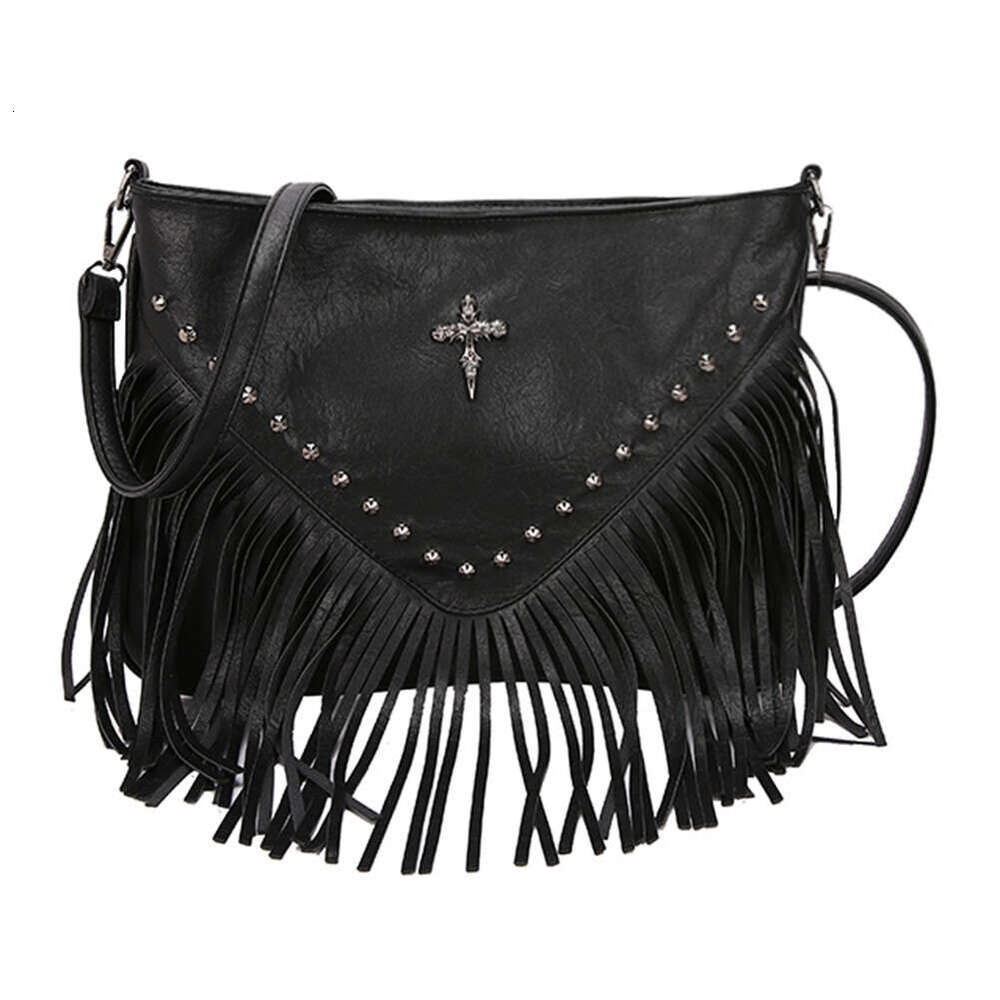 Women PU Rivet Fringe Large Capacity Vintage Small Handbag Adjustable Strap Tassel Hobo Bag for Party Vacation