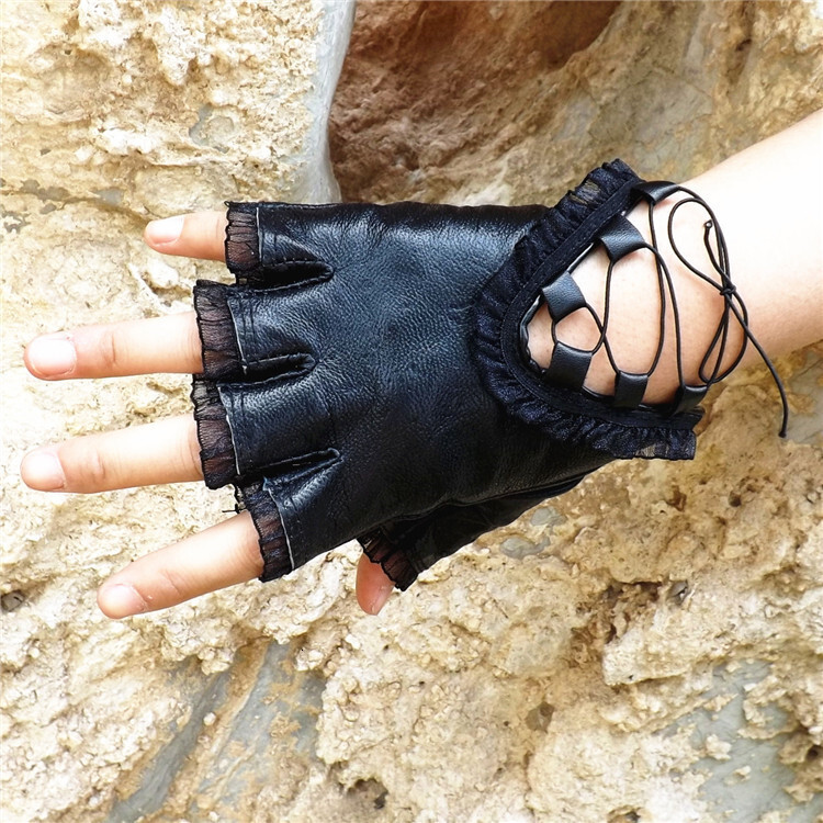 women's full sheepskin finger lace strap leather Fashion dance half cut performance gloves