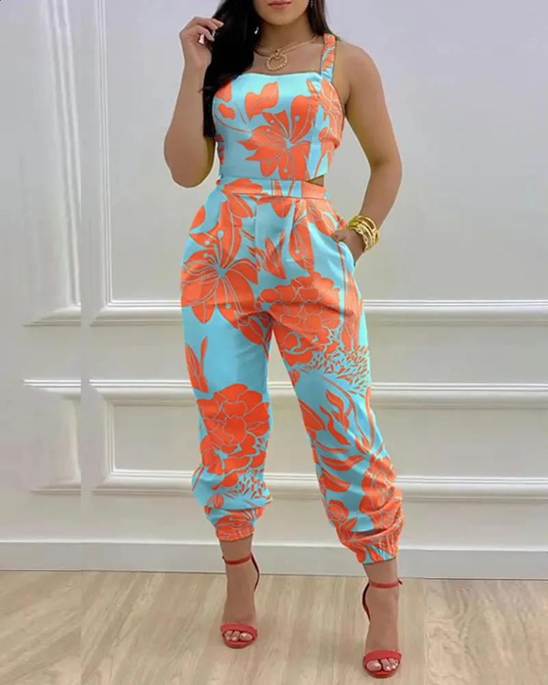 Elegant womens jumpsuit summer fashion with hollow sexy outer waist printed jumpsuit 241118