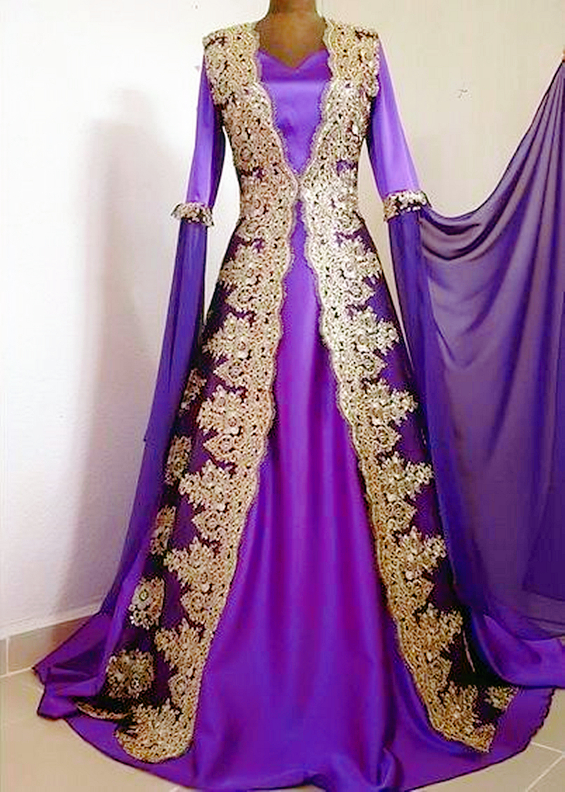 Elegant Gold Lace Appliques Caftan Evening Dresses Flare Long Sleeves A Line Purple Formal Occasion Gowns Arabic Moroccan Kaftan Turkey Prom Dress For