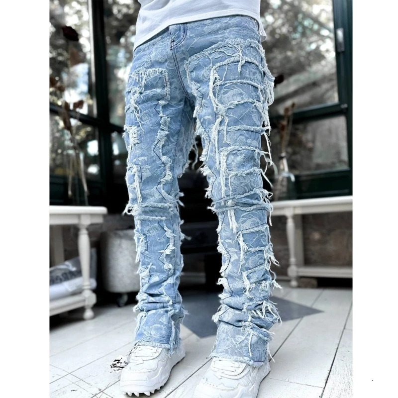 E15E Mens Stacked Jeans Fit Ripped Destroyed Straight Denims Pants Vintage Hip Hop Trouser Streetwear 240415