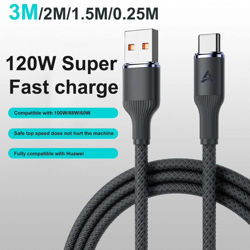 3M 120W 6A USB Type C Cable Surper Fast Charging Cable for Huawei Xiaomi OPPO ViVo USB C Braided Data Cable 2M/1.5M/1M/0.25M