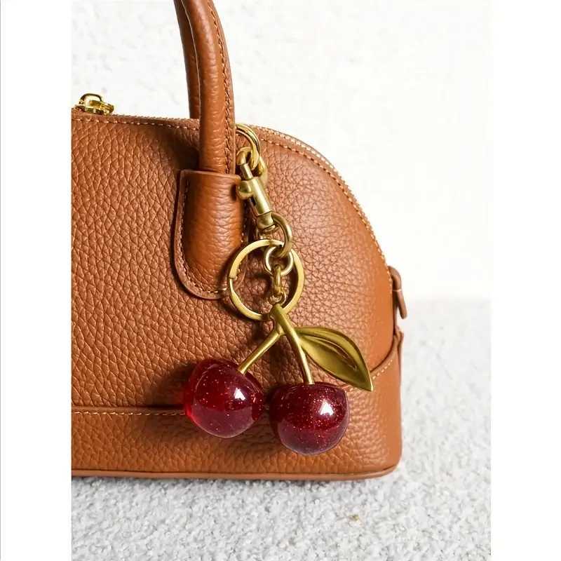 Keychains Lanyards Bag Parts Accessories Chic Cherry Keychain with Sparkling Resin Pendant - Alloy Customizable C-Hook Closure for Womens Wallets Bags