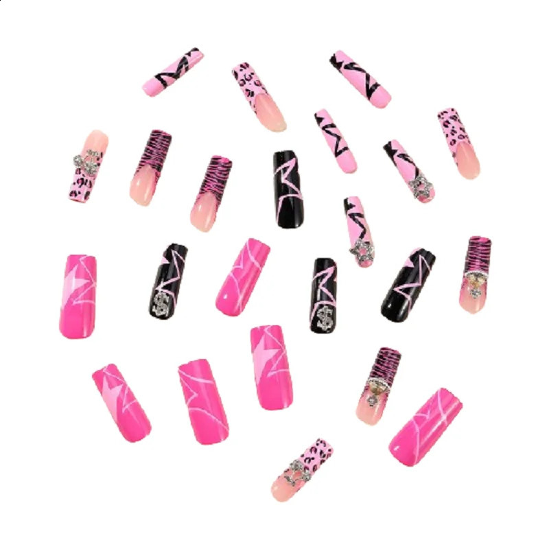 Wearable Punk Fake Nails Y2K Long Ballet Press On Nails 24pcs Leopard French False Nails with Diamond Star Cherry Decor Finished 241119