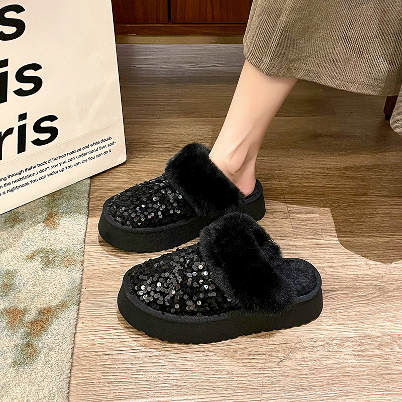 Winter New Warm 4.5CM Platform slipper Black Bling Sequined Cloth Wool Lined Women Fashion Warm shoes Luxurious shiny Cotton boots High quality home c