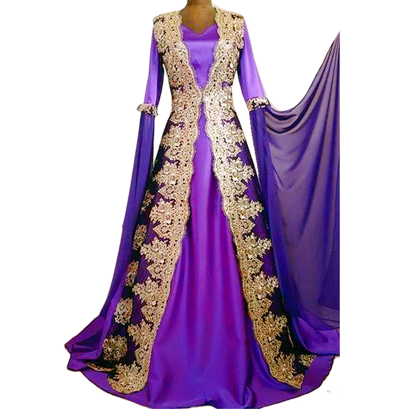 Elegant Gold Lace Appliques Caftan Evening Dresses Flare Long Sleeves A Line Purple Formal Occasion Gowns Arabic Moroccan Kaftan Turkey Prom Dress For