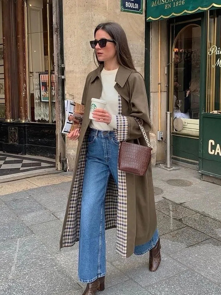 Elegant Plaid Lapel Long Windbreaker Women Fashion Single Breasted Loose Trench Coat 2024 Autumn High Street Lady Outwear Jacket 241119