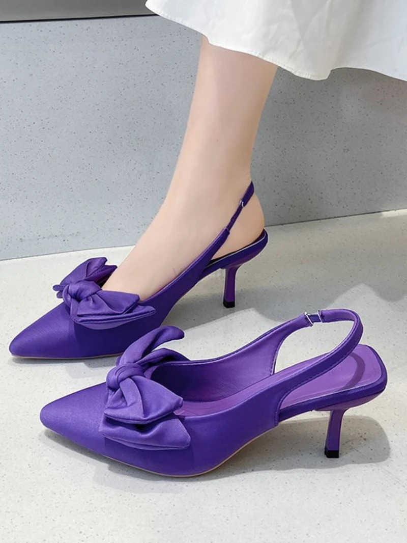 Cfort Shoes for Wen Sandals Stiletto H bow tie Summer Suit Fem Purple Large Size New Girls Low Pointed High Black Big Z250326