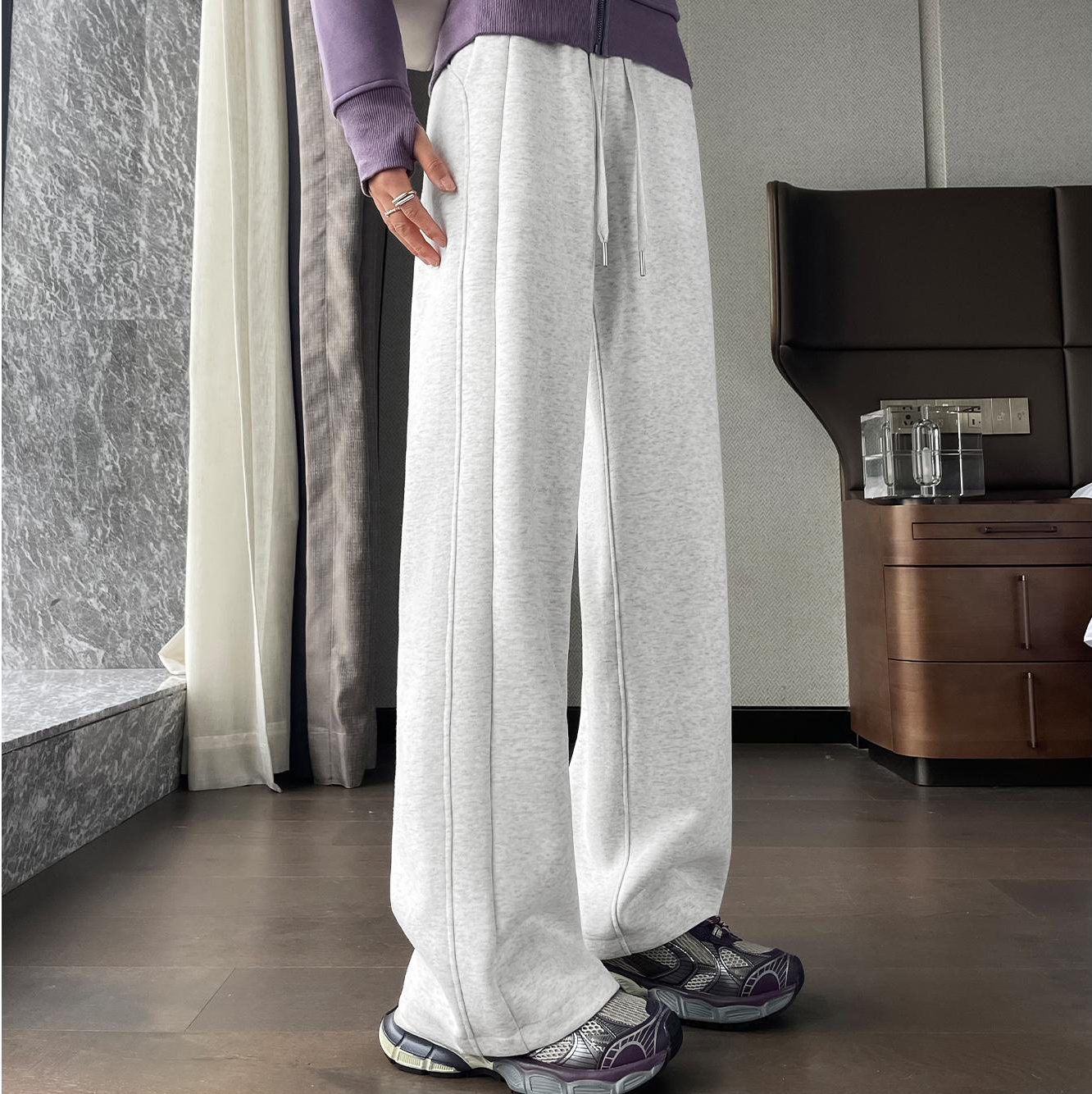 Ladies grey sweatpants women spring autumn winter 2024 new straight high waist draping padded sweatpants banana trousers wide leg trousers