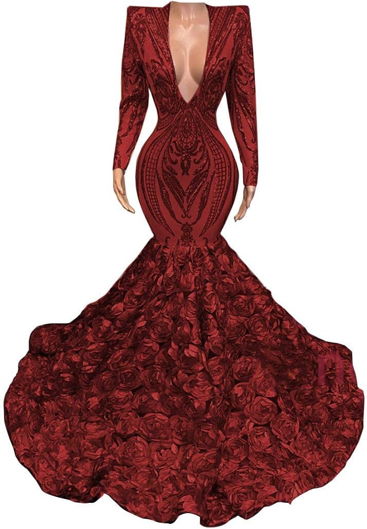 Sexy Mermaid Sequined V-Neck Prom Dresses Long Sleeve Party Dresses Champagne Flowers Sweep Train Formal Occasion Dress Evening Dresses for Women