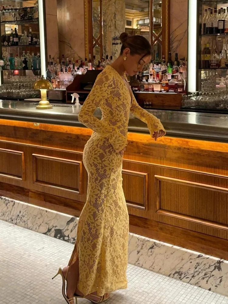 Sexy Lace See Through Mesh Deep V Maxi Dress Fashion Yellow Slim Long Sleeve Dresses Fall Lady High Street Party Robes 241119