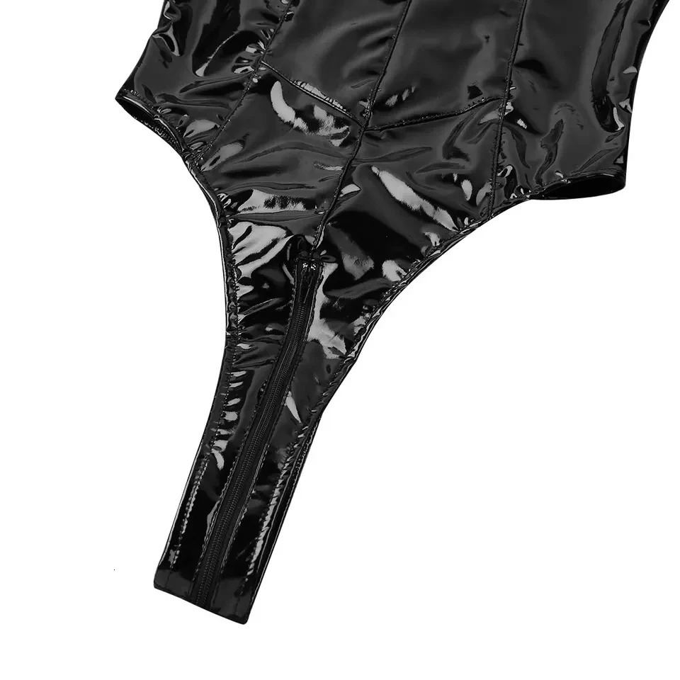Sexy Open Crotch Glossy Leather Bodysuit For Women Erotic Porn Breast Exposing Shiny Latex Sheath Leotard Crotchless Sexi 240419