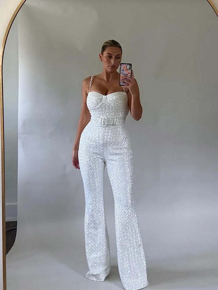 Fashion Wide Leg Sequin Jumpsuits Women Autumn Backless Sleeveless Overall with Belt Female Elegant High Waist Chic Streetwear 241119